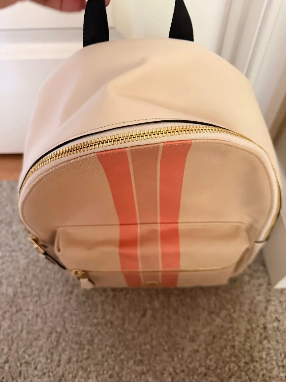 Coach Beige Canvas Backpack with Pink Stripe Accents